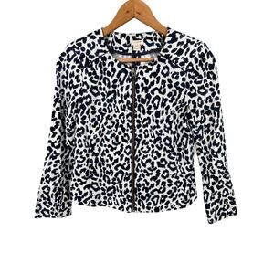 J. Crew Women Size XXS Blue and White‎ Leopard Print Full Zip Moto Bomber Jacket